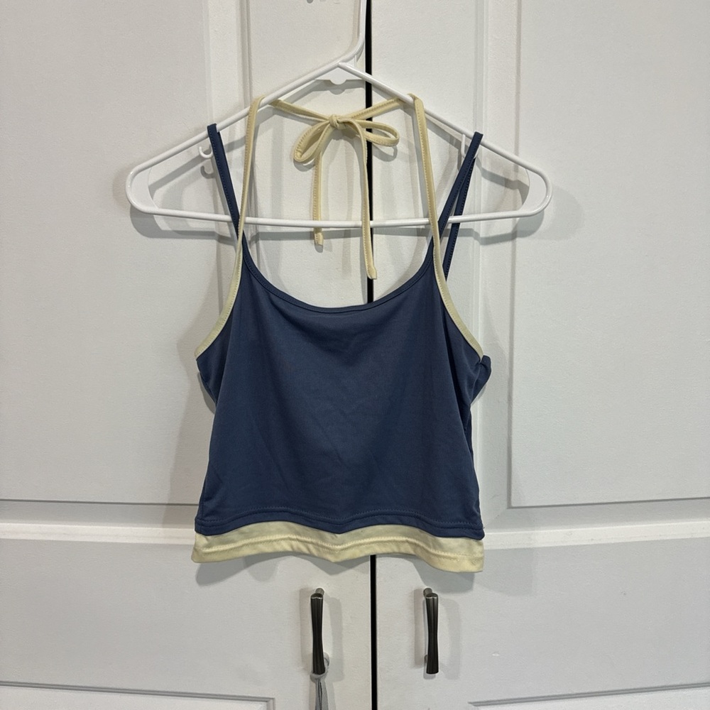 Blue and Cream Women's Halter Top